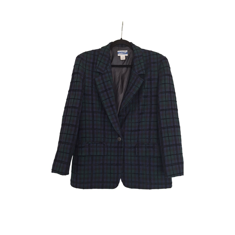 Pendleton Classic 100% Virgin Wool Plaid Blazer Navy Green Black Watch Size 12